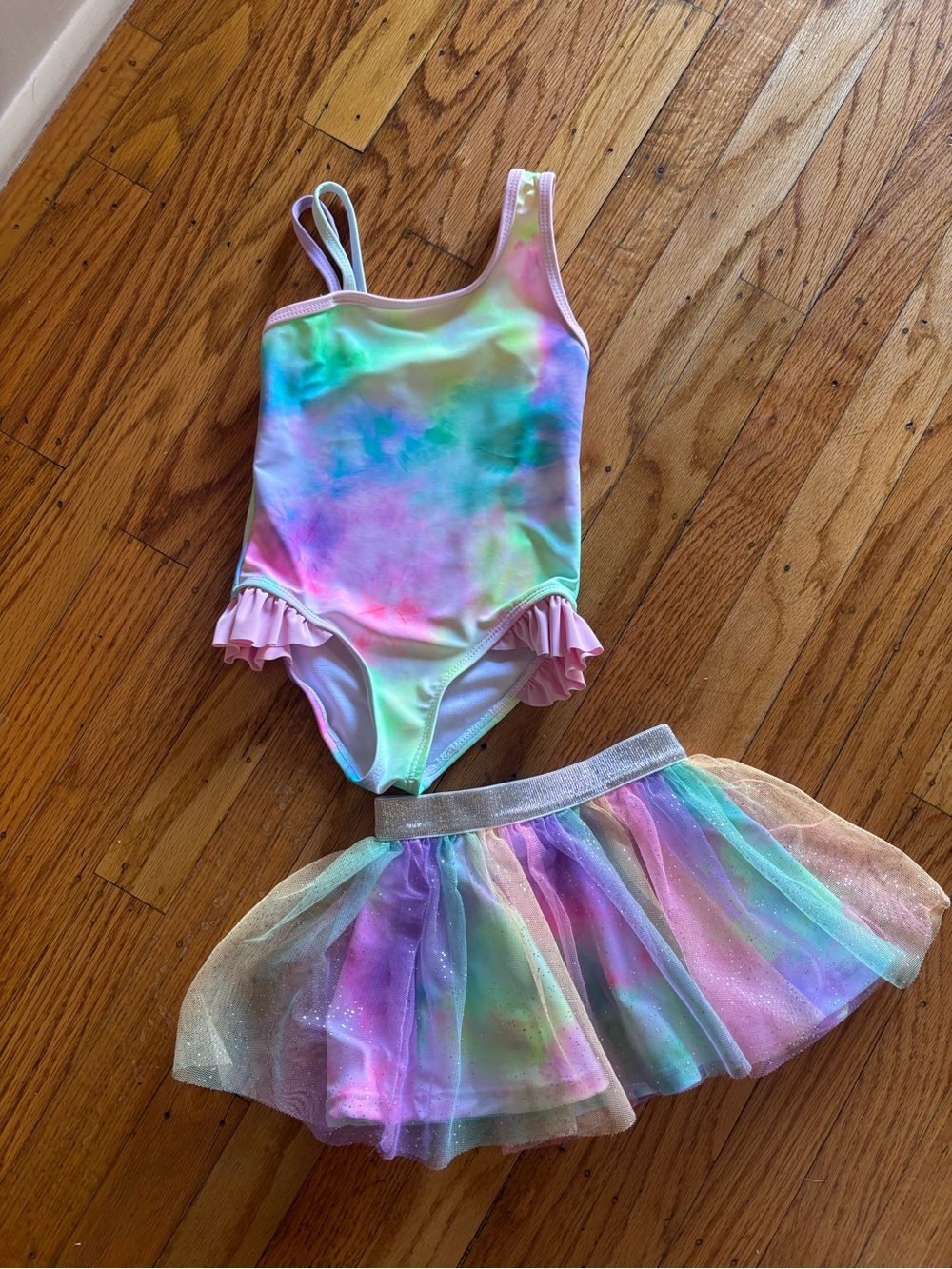Pastel Rainbow Girls Dance Leotard & Glitter Tutu Skirt - Pink Accent